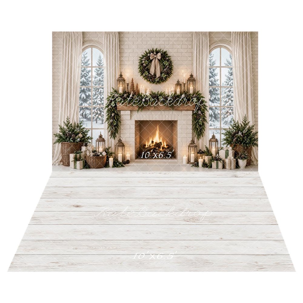 Kate Christmas Fireplace Wreath Garland White Curtains Printed Backdrop+White Wood Plank Floor Backdrop Printed Backdrop