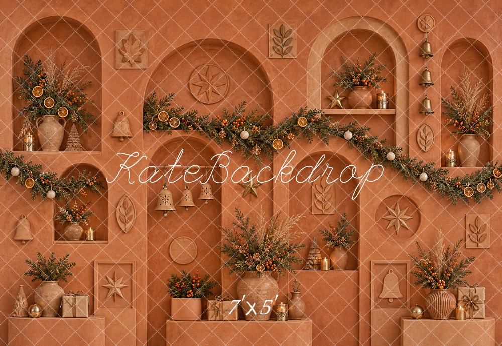 Kate Christmas Terracotta Arches Garland Botanicals Bells Printed Backdrop Designed by Vertigo Productions