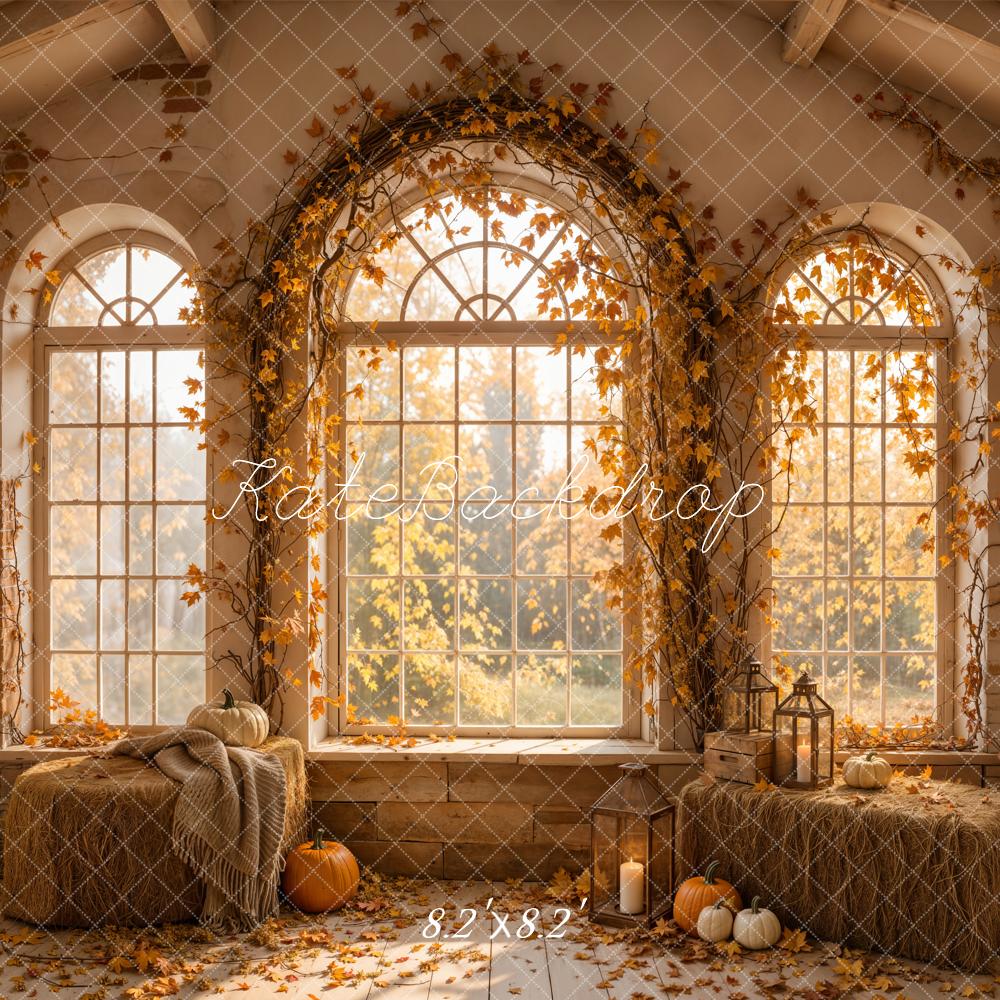 Kate Fall Retro Arched Window Pumpkins Fallen Leaves Printed Backdrop Designed by Emetselch