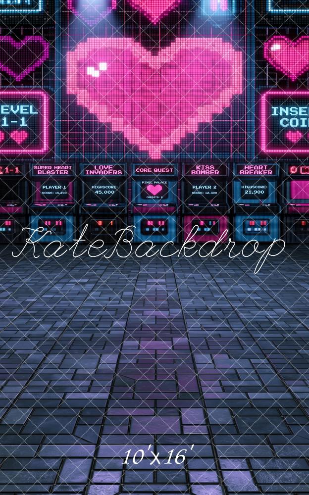 Kate Sweep Valentine's Day Pink Neon Pixel Heart Printed Backdrop Designed by Angela Miller