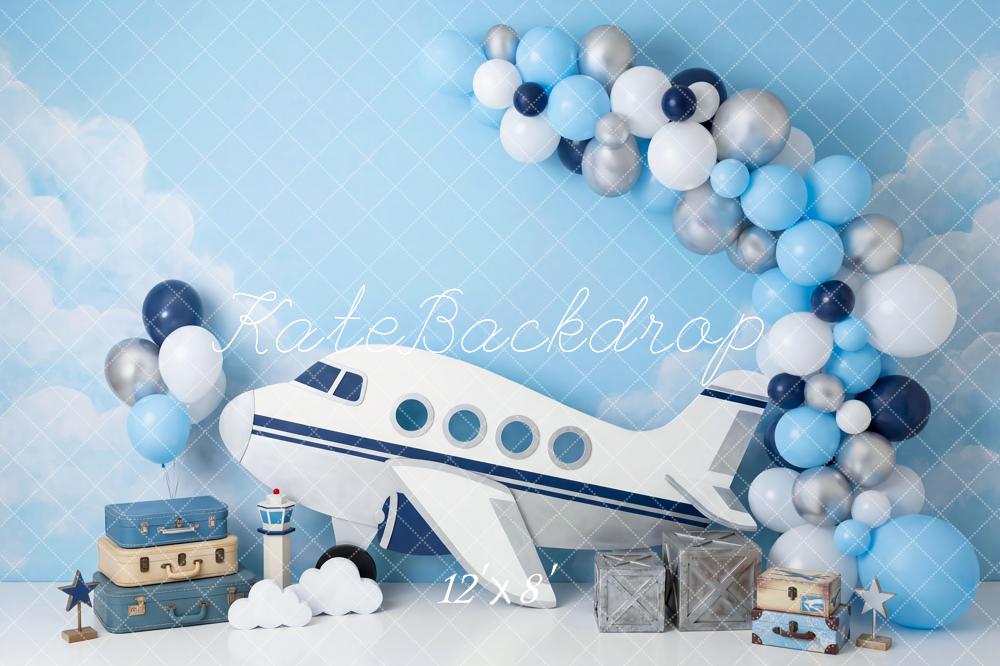 Kate Cake Smash Airplane Balloons Clouds Sky Printed Backdrop Designed by Patty Roberts