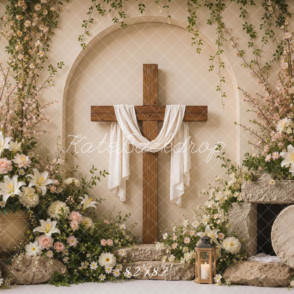 Kate Easter Resurrection Cross Beige Flower Arch Printed Backdrop Designed by Shutter Swan Studios