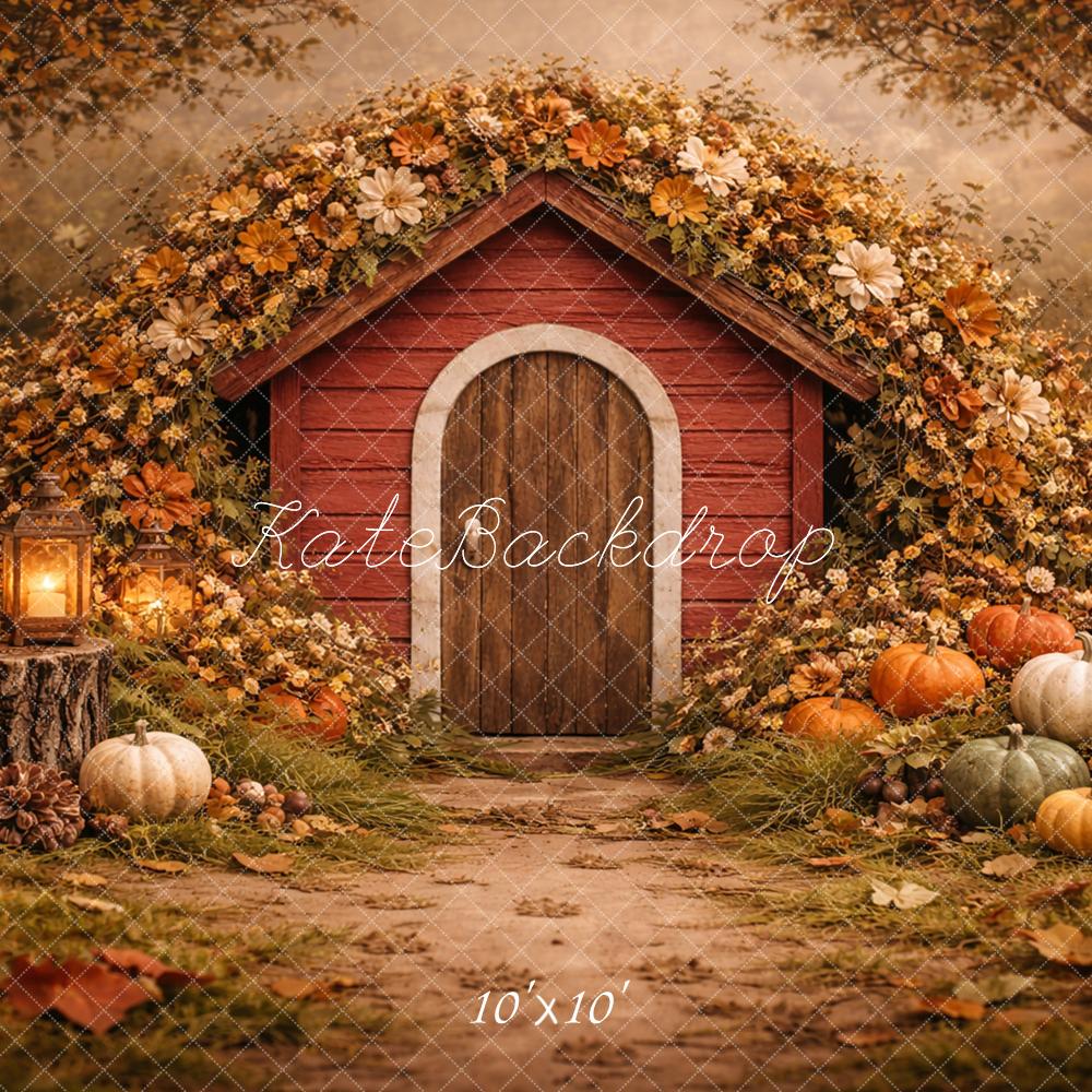 Kate Fall Red Cabin Pumpkin Flower Arch Forest  Printed Backdrop Designed by Caitlin Lynch