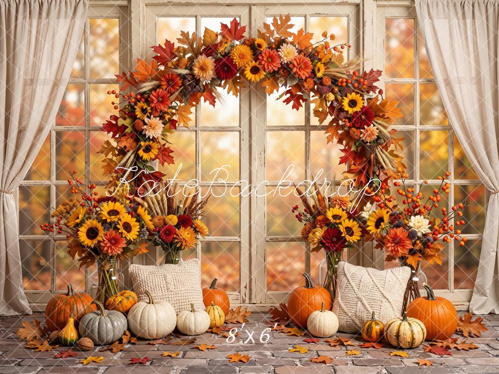 Kate Fall Sunflower Arch Pumpkins Window Printed Backdrop Designed by Emetselch