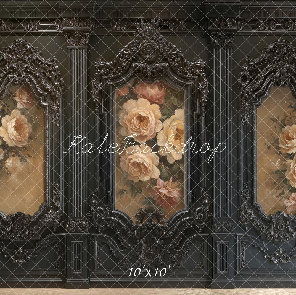 Kate Black Ornate Vintage Wall Floral Roses Printed Backdrop Designed by Emetselch
