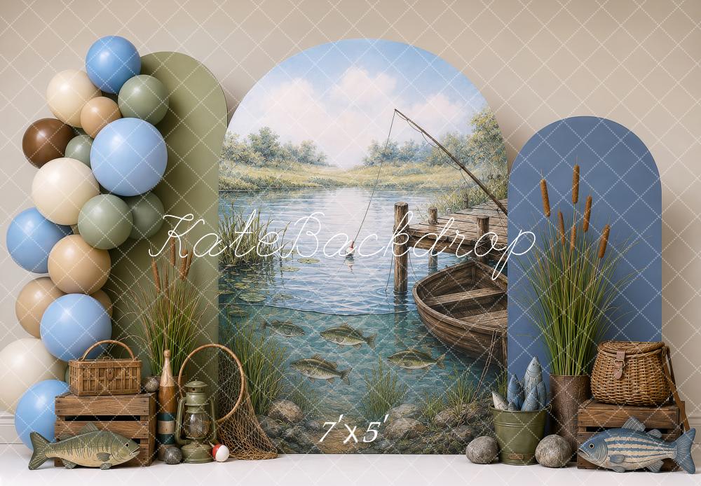 Kate Cake Smash Fishing Dock Boat Lake Scene Printed Backdrop Designed by Shutter Swan Studios