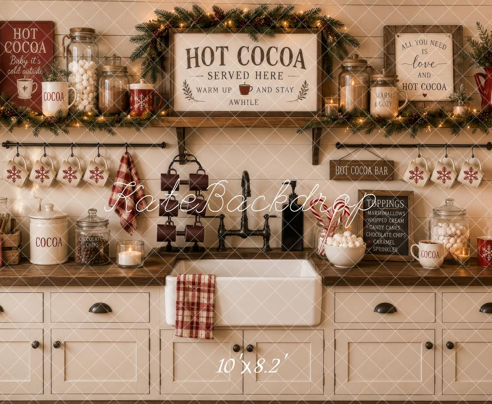 Kate Christmas Hot Cocoa Bar Rustic Kitchen Cabinet Printed Backdrop Designed by Megan Leigh Photography