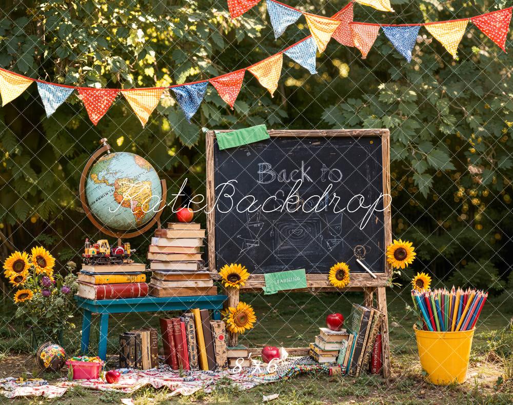 Kate Back To School Blackboard Books Globe Garden Sunflowers Backdrop Designed by Emetselch