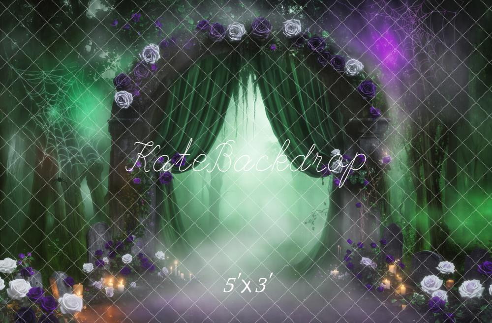 Kate Halloween Gothic Misty Forest Arch Green Curtains Spiderweb Backdrop Designed by Emetselch
