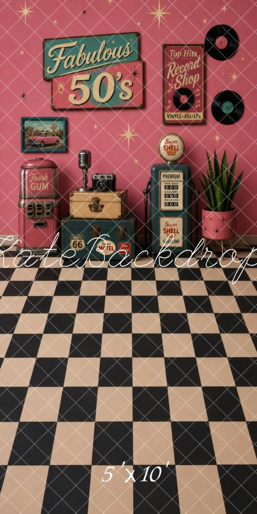 Kate Sweep 50s Retro Diner Gas Pump Microphone Checkered Floor Printed Backdrop Designed by Vertigo Productions