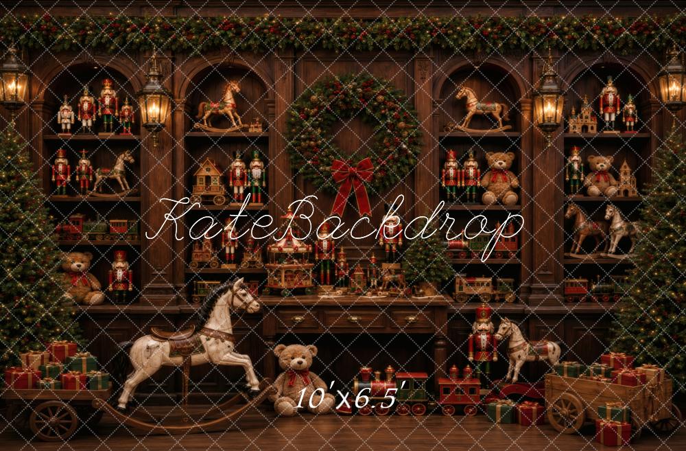 Kate Christmas Toy Shop Nutcracker Rocking Horse Wreath Printed Backdrop Designed by Vertigo Productions