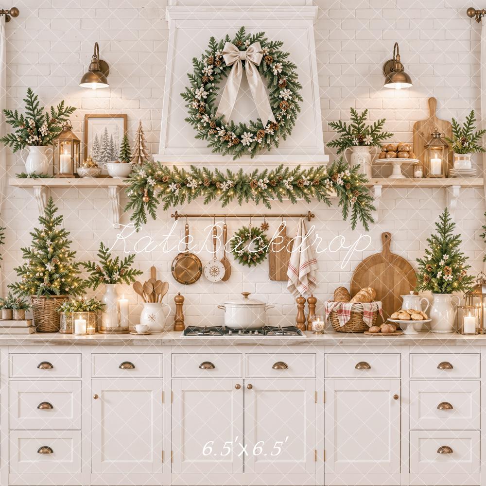 Kate Christmas White Kitchen Cabinet Wreath Garland Printed Backdrop Designed by Emetselch