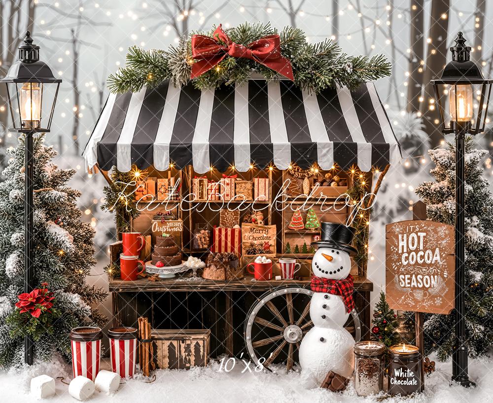 Kate Christmas Hot Cocoa Stand Snowman Winter Trees Printed Backdrop D