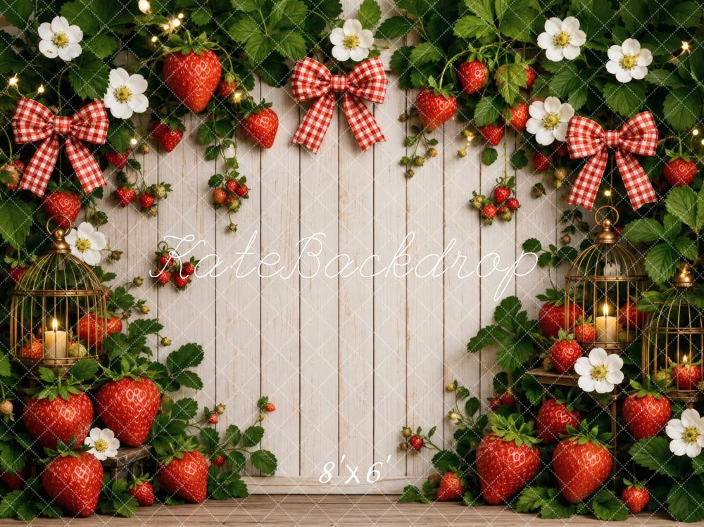 Kate Summer Strawberry Garland Flowers Red Bows White Wood Plank Printed Backdrop Designed by Vertigo Productions