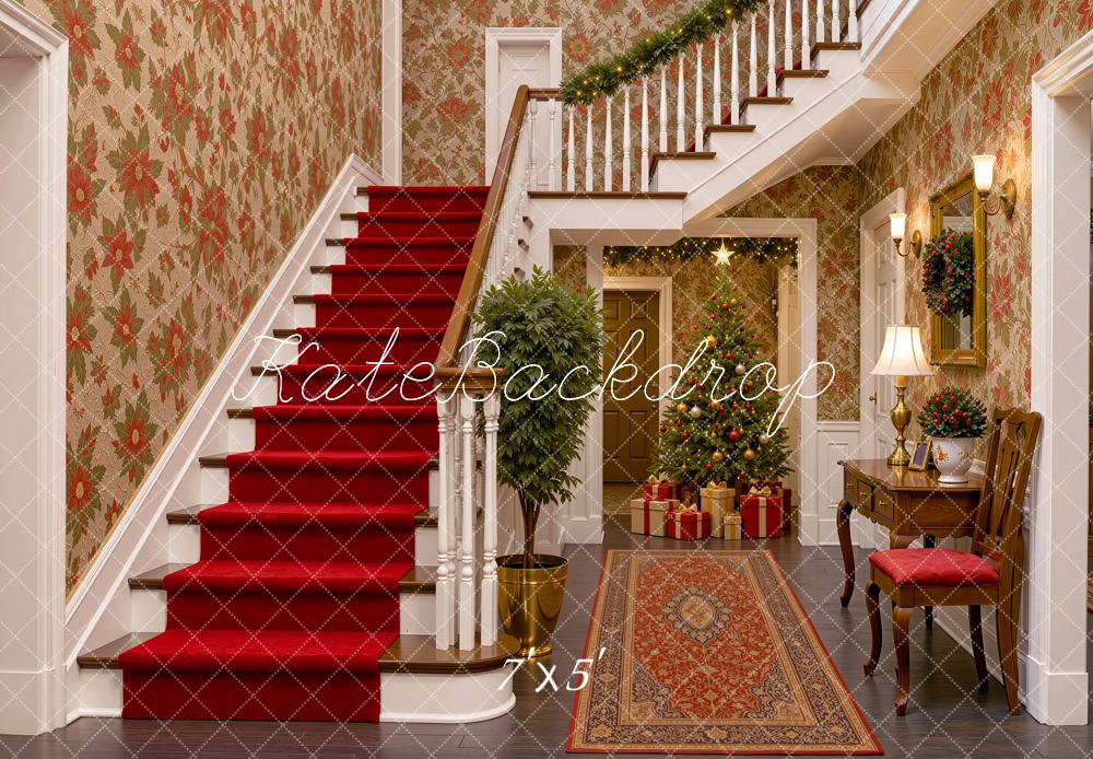 Kate Christmas Staircase Vintage Red Christmas Tree Printed Backdrop Designed by Shutter Swan Studios