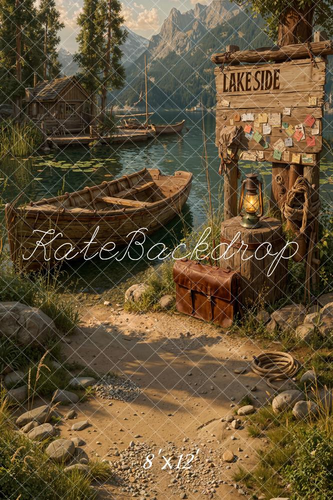 Kate Lakeside Wooden Boat Cabin Mountain Path Printed Backdrop Designed by Emetselch