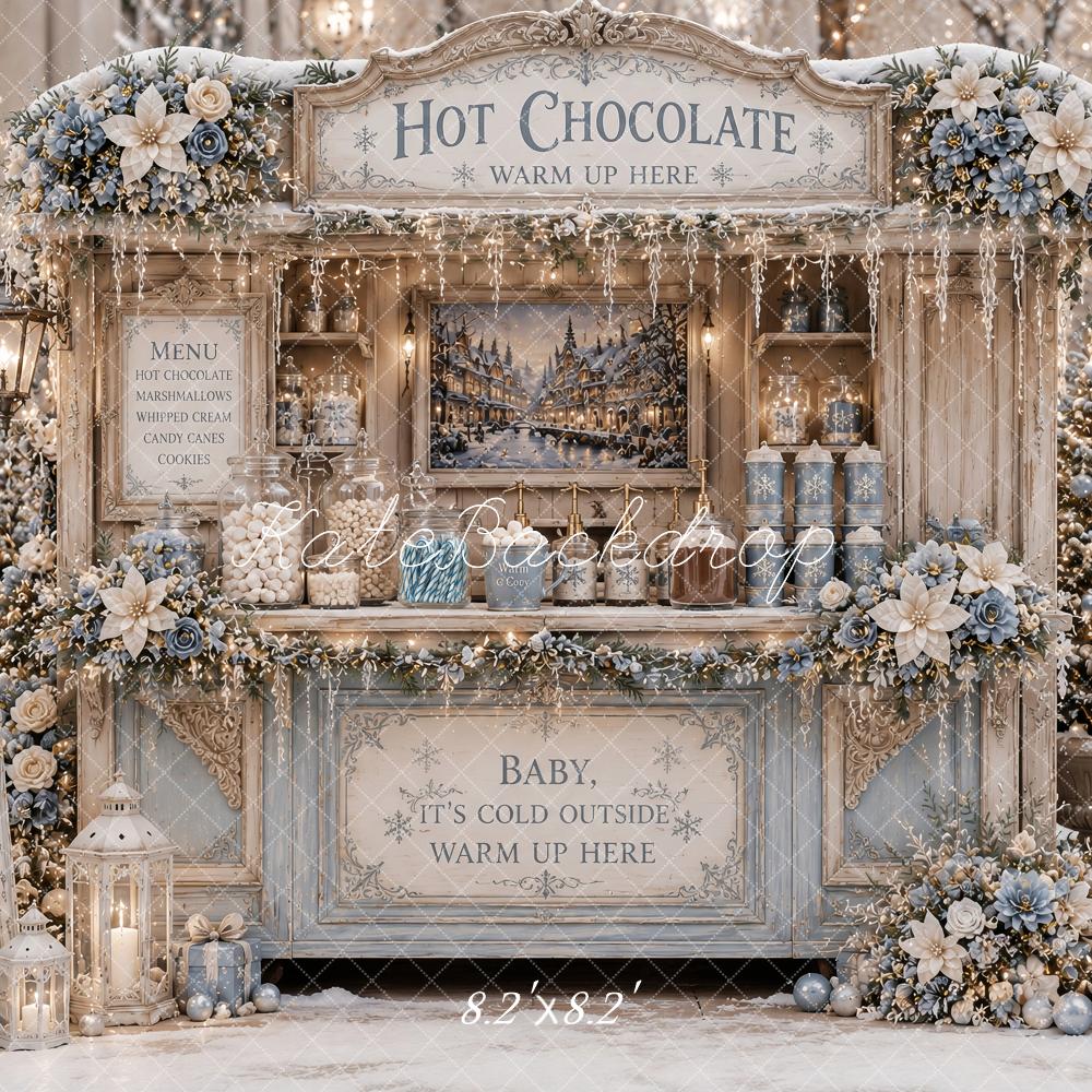 Kate Christmas Hot Chocolate Stand Snowy Floral Stand Blue Printed Backdrop Designed by Ashley Paul