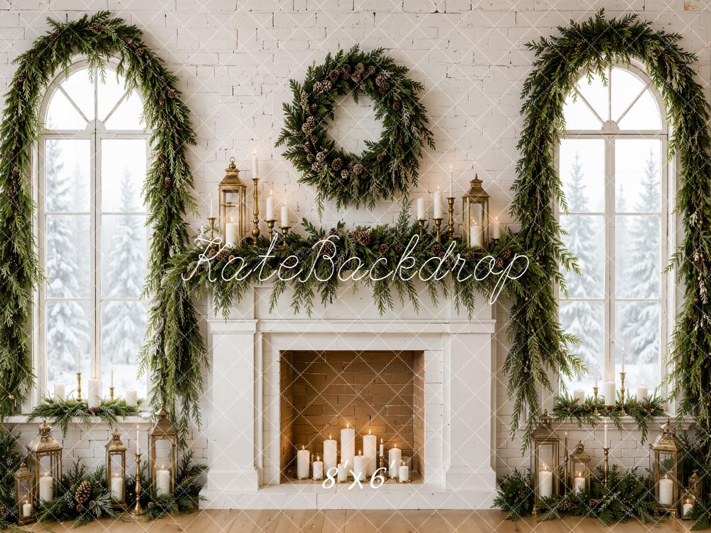 Kate Christmas Evergreen Garland Wreath White Fireplace Printed Backdrop Designed by Emetselch