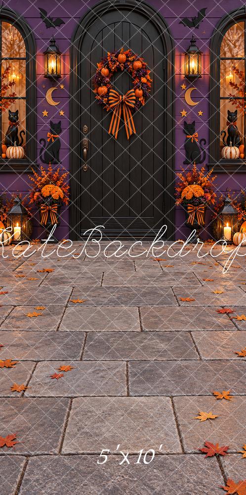 Kate Sweep Halloween Purple Gothic Door Pumpkin Wreath Printed Backdrop Designed by Vertigo Productions