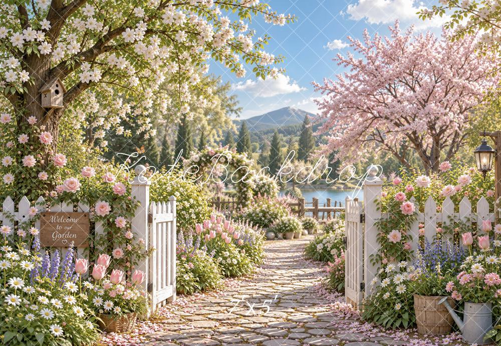 Kate Spring Cherry Blossoms Flower Garden Gate Mountain View Printed Backdrop Designed by Emetselch