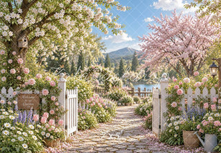 Kate Spring Cherry Blossoms Flower Garden Gate Mountain View Printed Backdrop Designed by Emetselch