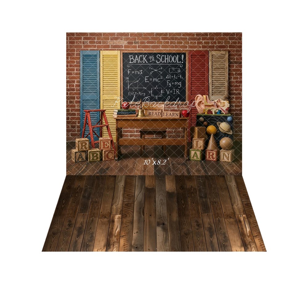 Kate Back To School Blackboard Brick Wall Books Blocks Planets Backdrop+Brown Wood Plank Vintage Wall Backdrop