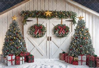 Kate Christmas Trees Wreath White Barn Door Red Plaid Printed Backdrop Designed by Emetselch