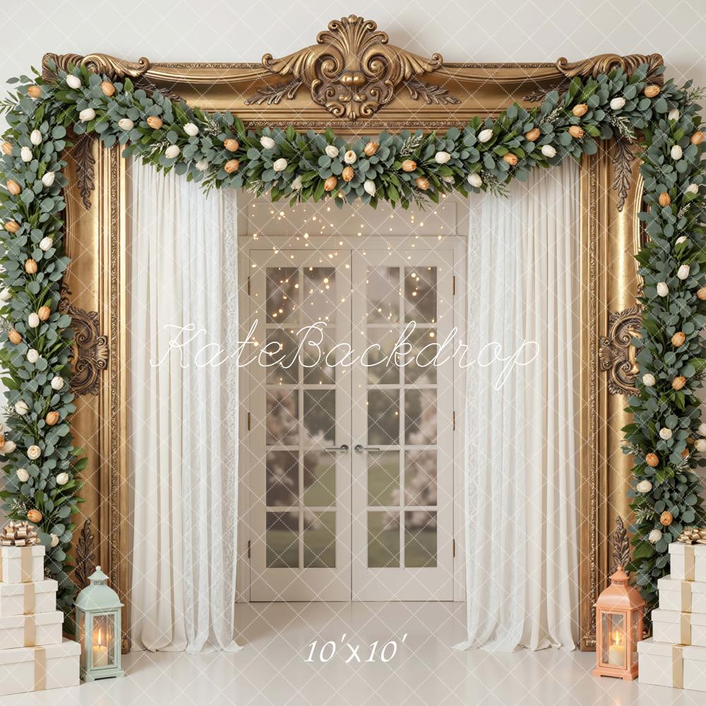 Kate Spring Flower Arch Gold Frame French Doors Gift Boxes Lanterns Backdrop Designed by Mini MakeBelieve