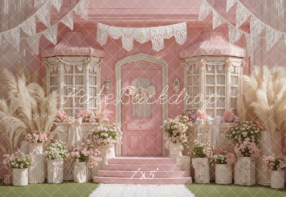 Kate Spring Pink Flower Arch and Bay Window Door Backdrop Designed by