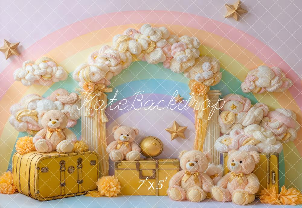 Kate Spring Rainbow Cloud Arch Teddy Bears Stars Yellow Suitcases Backdrop Designed by Emetselch