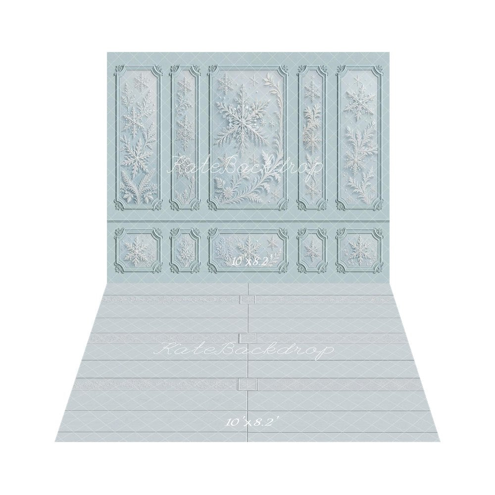 TEST Kate Winter Blue Ornate Snowflake Vintage Wall Printed Backdrop+Light Blue Ornate Panel Floor Printed Backdrop
