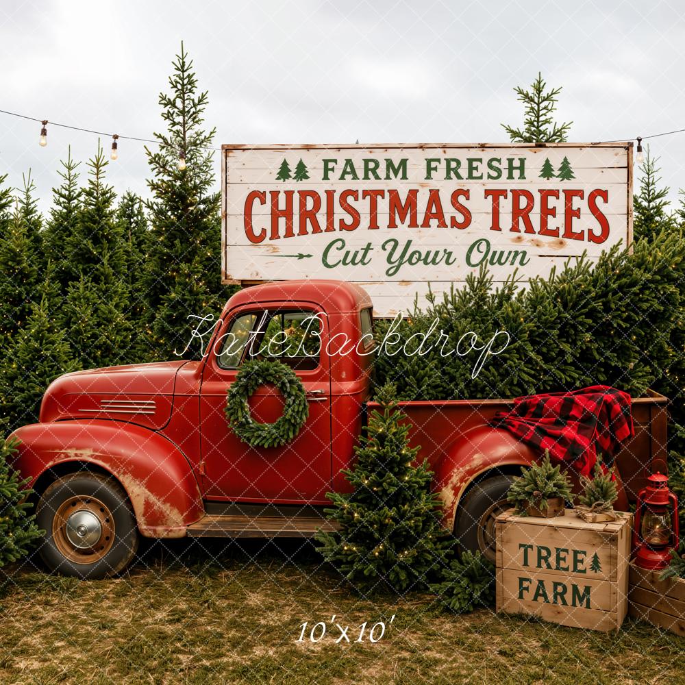 Kate Christmas Red Truck Christmas Tree Farm Printed Backdrop Designed by Emetselch