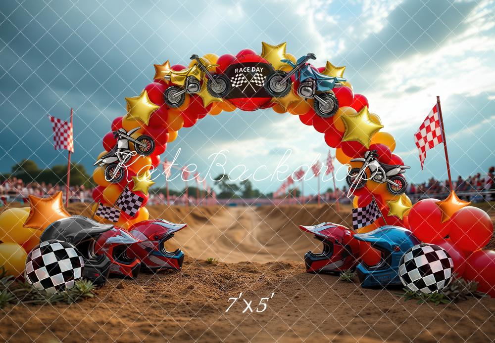 Kate Cake Smash Race Day Motorcycle Balloon Arch Checkered Flags Printed Backdrop Designed by Laura Bybee