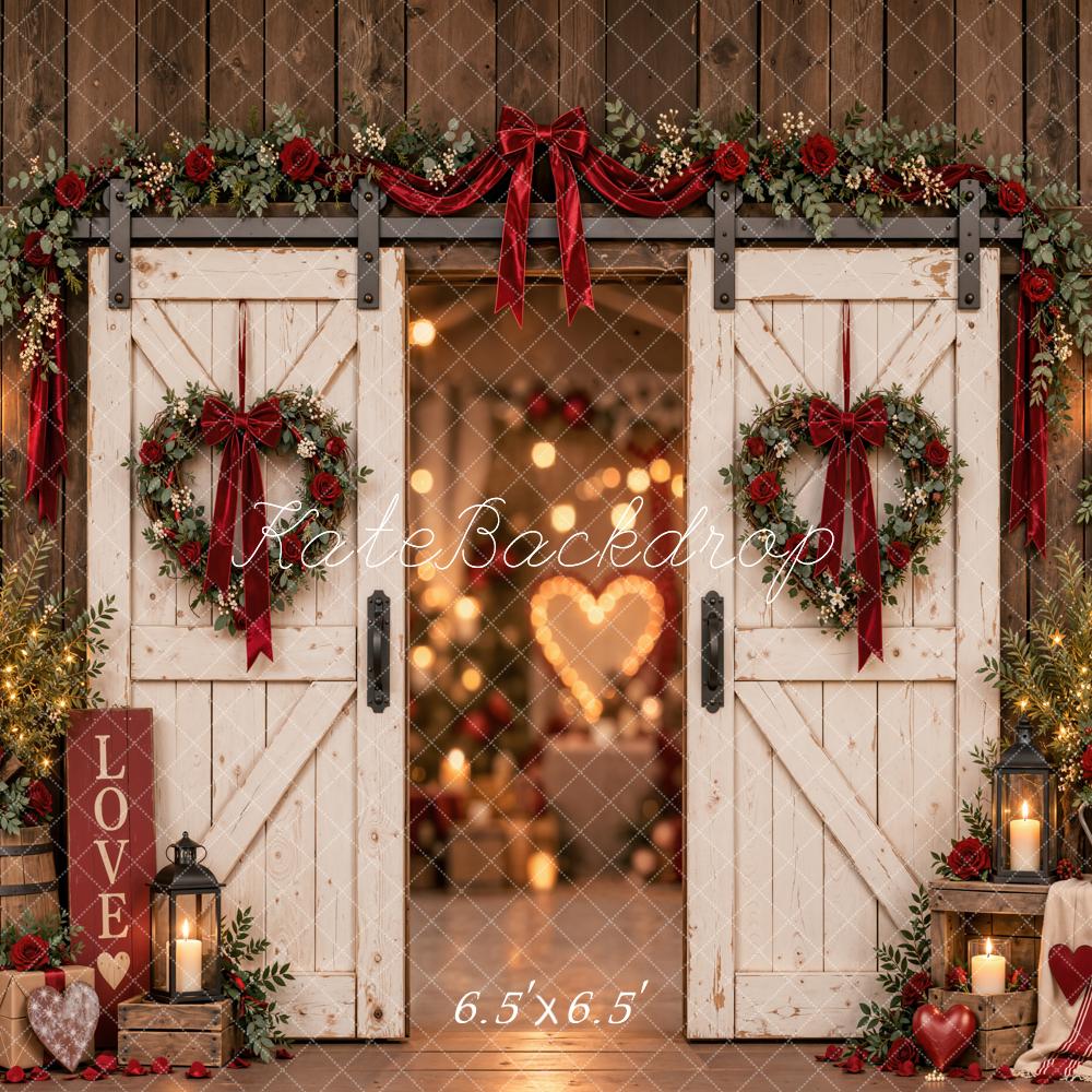 Kate Valentine's Day Rustic Barn Doors Roses Heart Wreath Printed Backdrop Designed by Emetselch