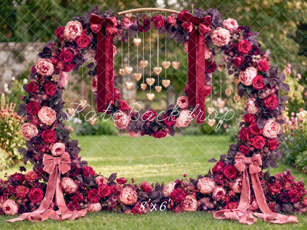 Kate Valentines Outdoor Floral Arch Hanging Hearts Garden Printed Backdrop Designed by Angela Miller