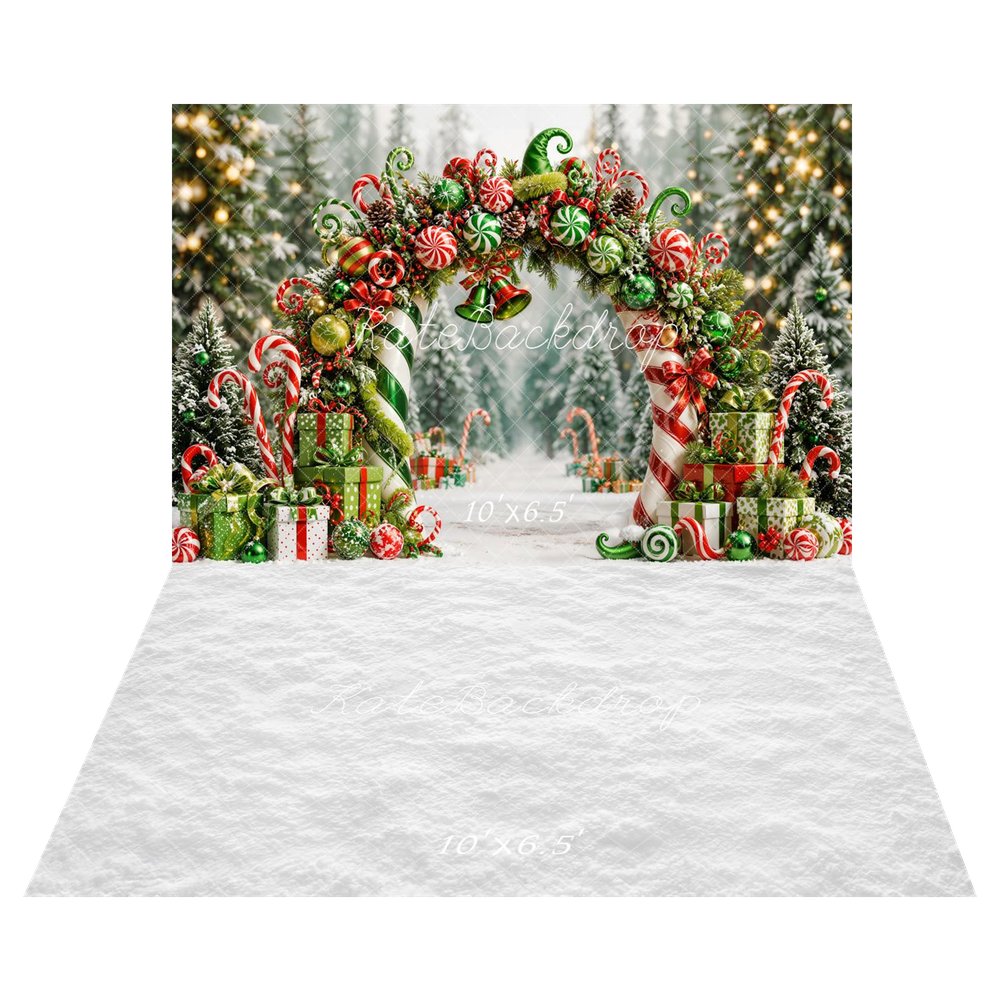 Kate Christmas Fantasy Green Candy Arch Forest Presents Printed Backdrop+White Snow Abstract Texture Printed Backdrop