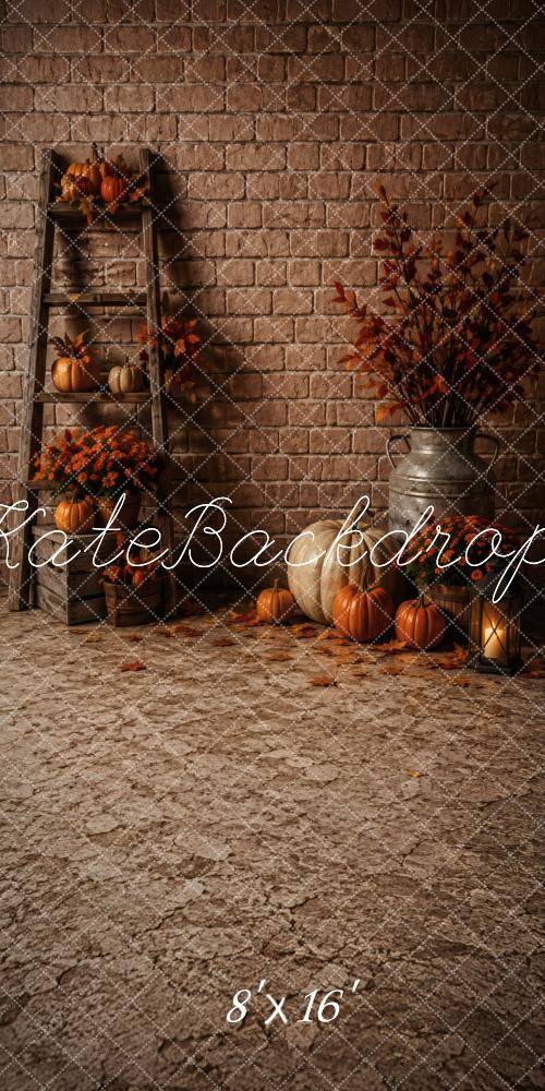 Kate Sweep Fall Pumpkins Brick Wall Ladder Leaves Printed Backdrop Designed by Vertigo Productions
