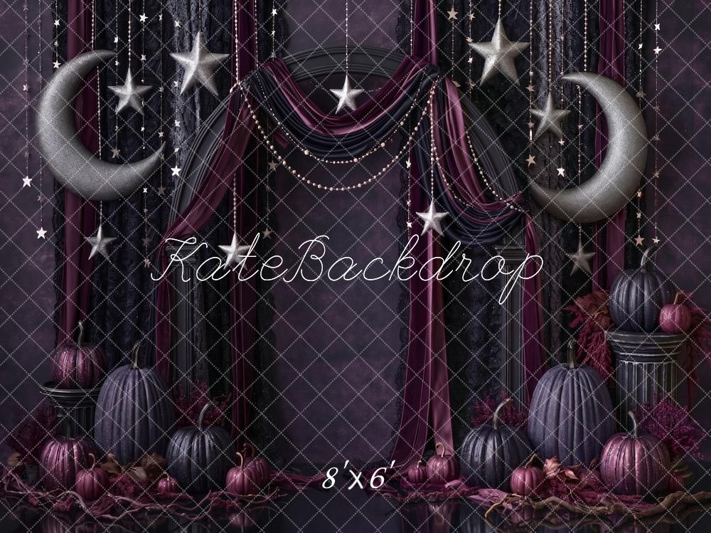 Kate Halloween Gothic Drapery Moons Stars Pumpkins Dark Printed Backdrop Designed by Angela Miller