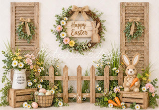 Kate Easter Rustic Garden Wood Fence Bunny Wrearth Printed Backdrop Designed by Emetselch