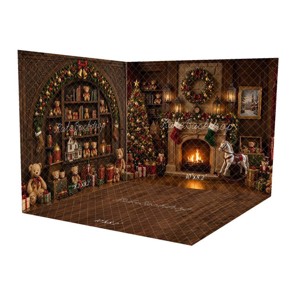 Kate Christmas Fireplace Toys Room Tree Presents Rocking Horse Teddy Bear Printed Backdrop Room Set