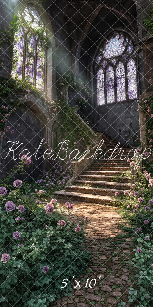 Kate Spring Cascading Stairs Stained Glass Rose Garden Printed Backdrop Designed by Chain Photography