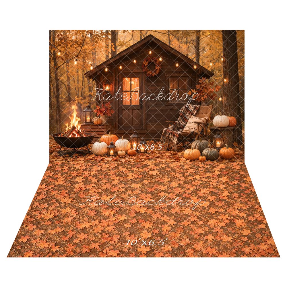 Kate Fall Pumpkin Cabin Fire Pit Lantern String Lights Printed Backdrop+Fall Orange Maple Leaves Floor Backdrop Printed Backdrop