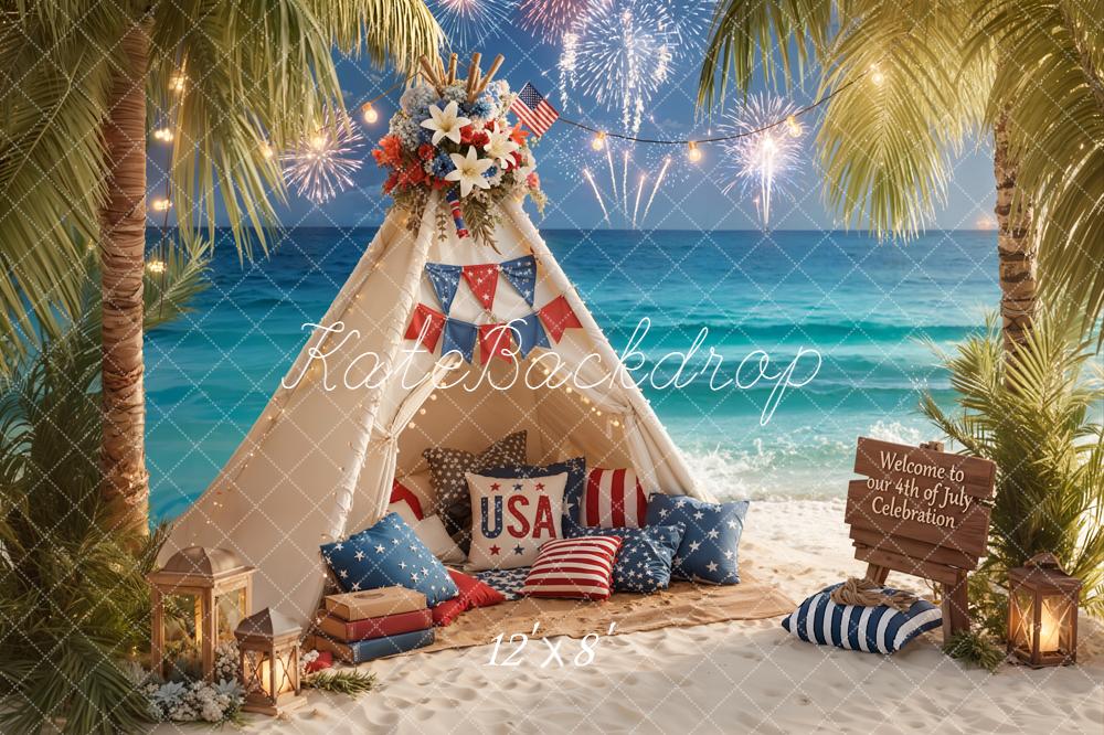 Kate Fourth of July Beach Tent Fireworks Printed Backdrop Designed by Emetselch