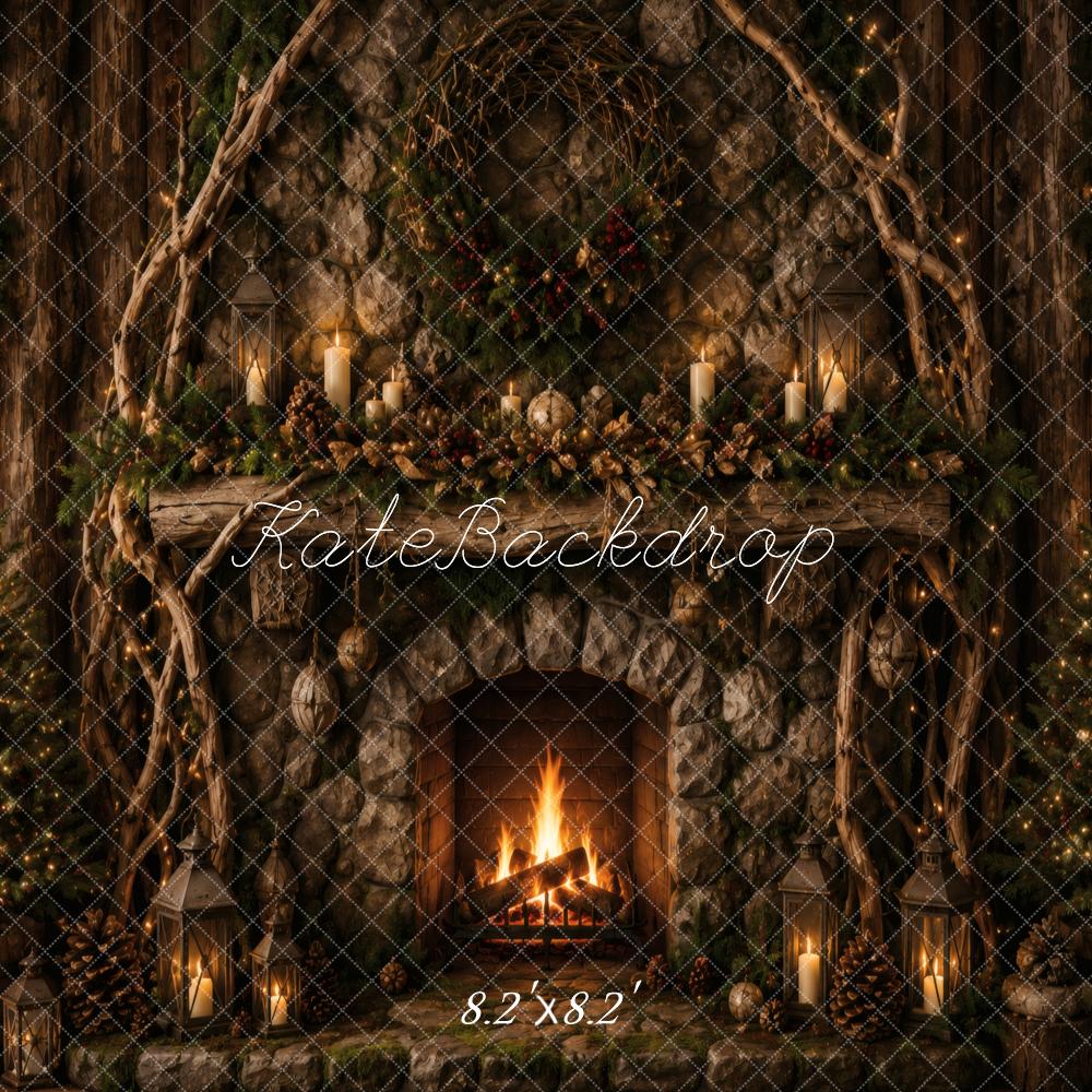 Kate Christmas Rustic Stone Fireplace Garland Lanterns Printed Backdrop Designed by Vertigo Productions