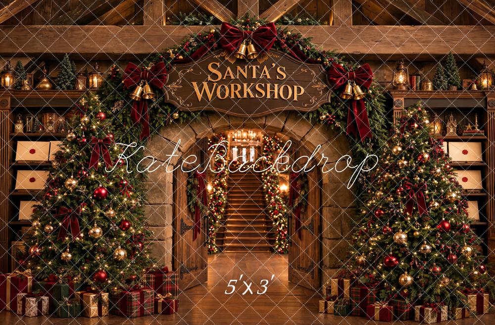 Kate Christmas Santa's Workshop Trees Staircase Gift Printed Backdrop Designed by Emetselch