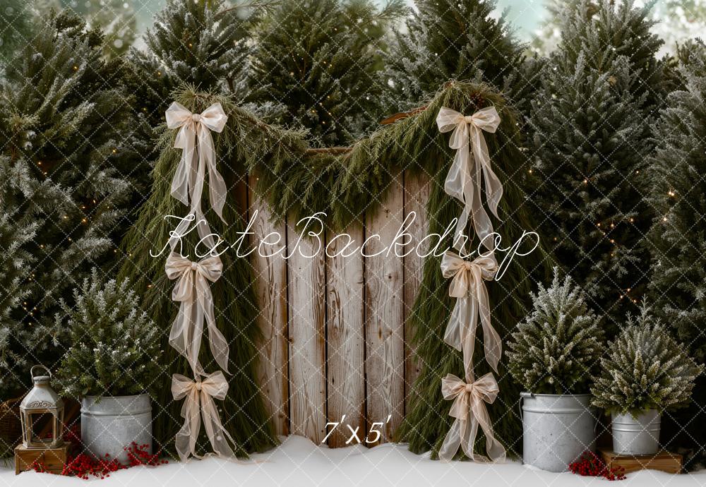 Kate Christmas Pine Trees Garland Rustic Wood Bows Printed Backdrop Designed by Emetselch