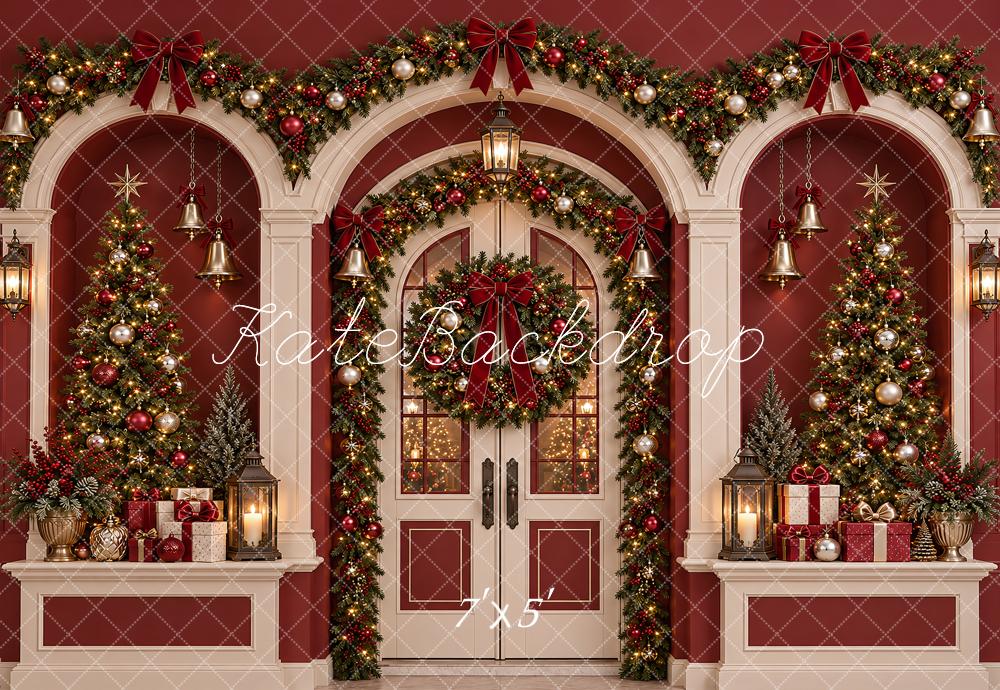 Kate Christmas Red Doorway Arch Garland Wreath Bells Printed Backdrop Designed by Vertigo Productions