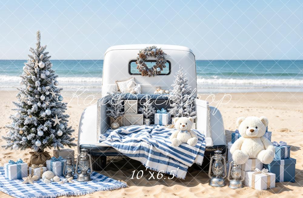 Kate Christmas Beach Truck Teddy Bears Gifts Printed Backdrop Designed by Emetselch