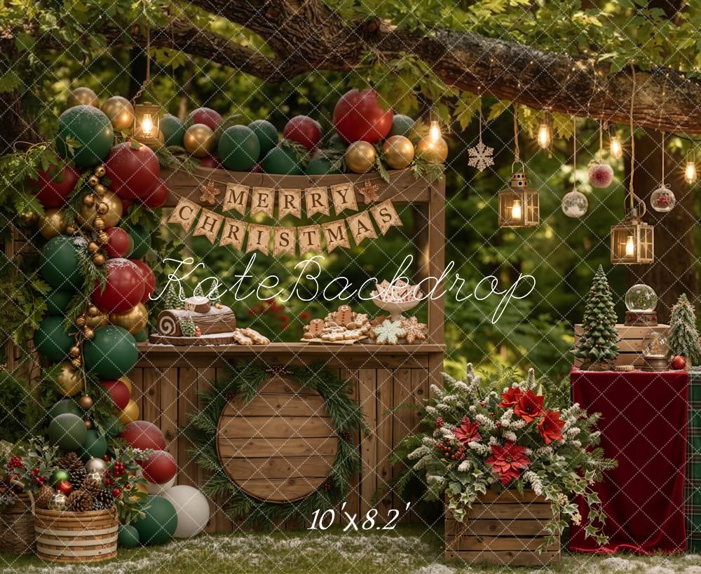Kate Christmas Branch Arch Dessert Table Outdoor Green Red Balloons Printed Backdrop Designed by Emetselch
