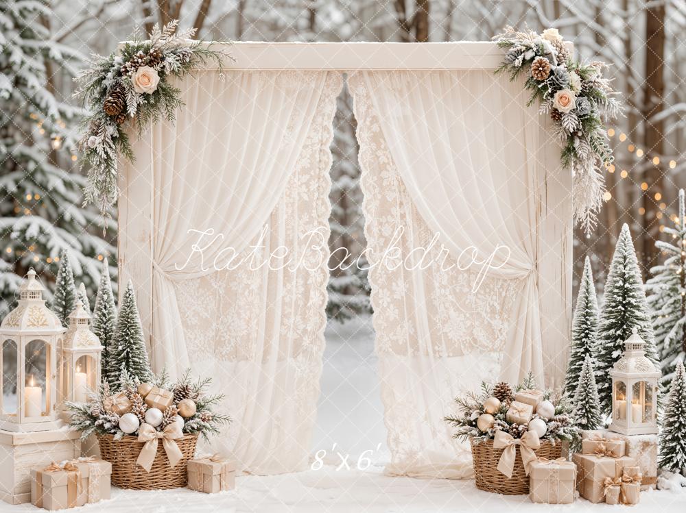 Kate Christmas White Lace Drapes Winter Flower Arch Snow Printed Backdrop Designed by Emetselch